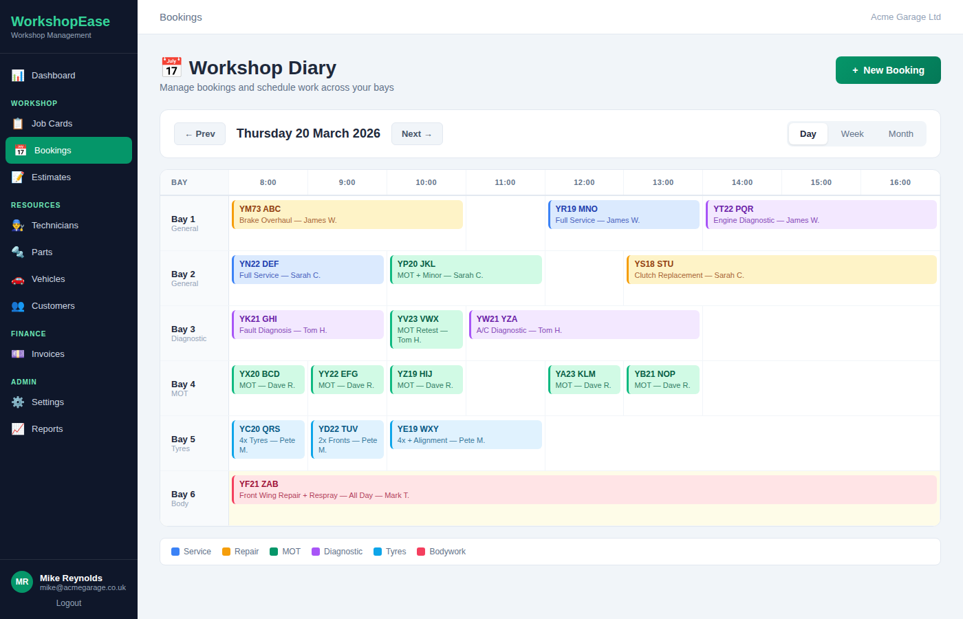 WorkshopEase workshop diary showing bay-by-bay scheduling with colour-coded job types across the day