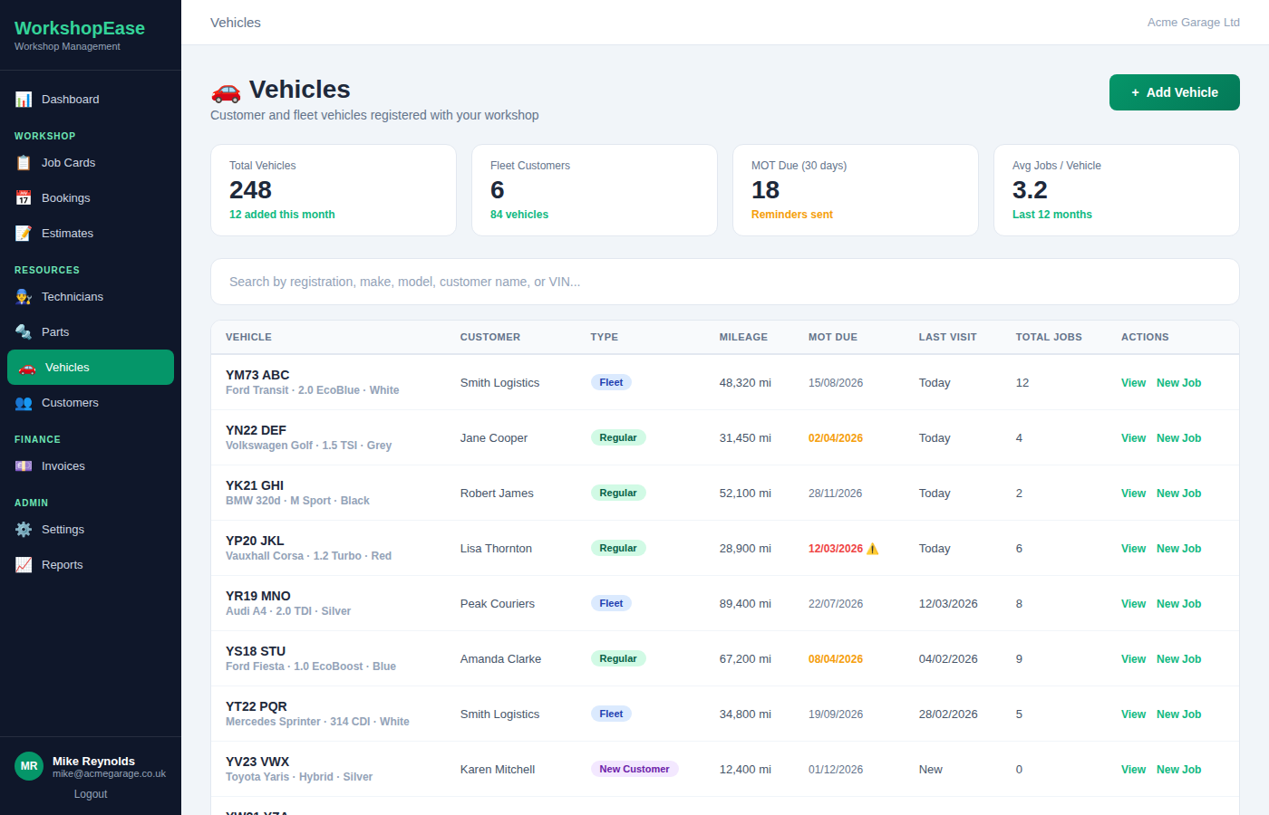 WorkshopEase vehicle database showing customer vehicles, MOT dates, service history, and job tracking